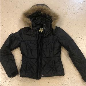 Black winter jacket with removable faux fur hood